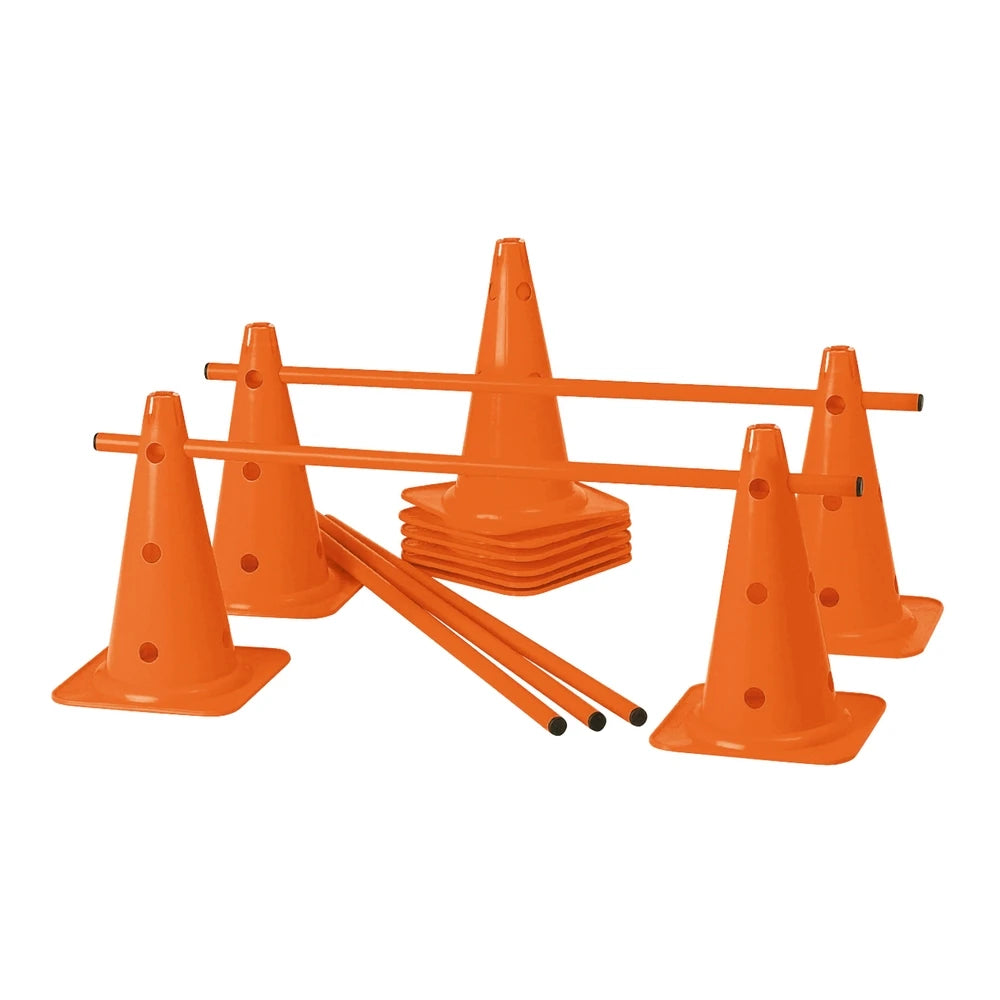 Lot de 10 cônes 12 trous 40 cm et 5 jalons 1 m